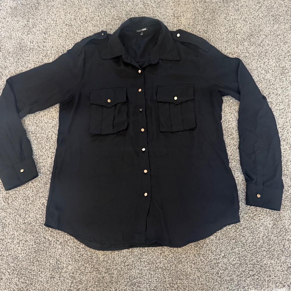 Fashion Nova Womens XL Black Utility Button Down Shirt Long Sleeve Gold Sheer
